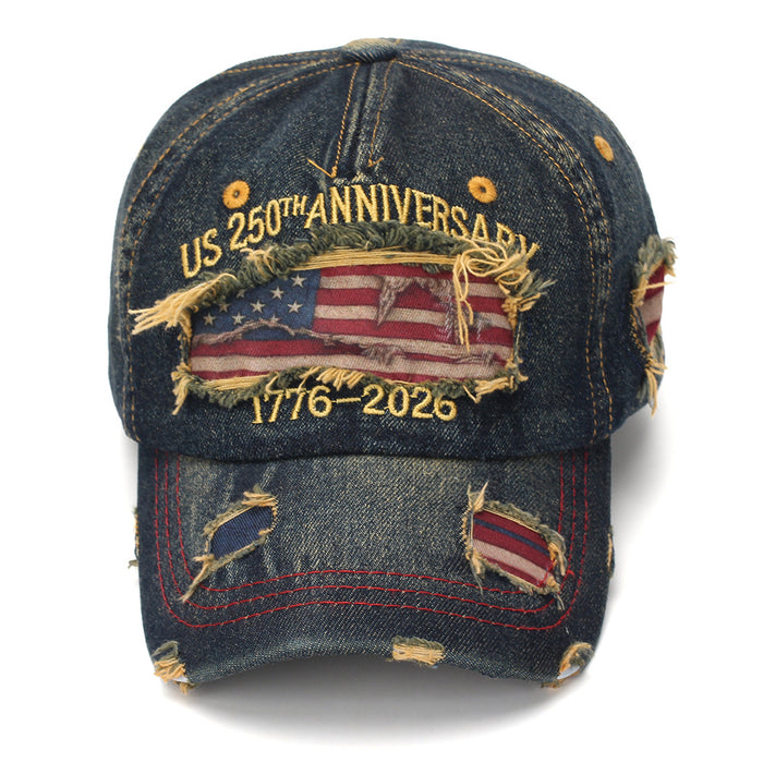 Wholesale USA Flag Embroidered Distressed Denim Baseball Cap - Patriotic Independence Day Gift Fashion Accessory