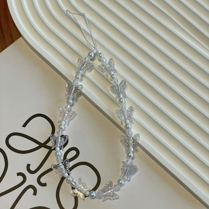 Wholesale Acrylic Imitation Pearl Beaded Mobile Phone Butterfly Mobile Phone Key Hanging Chain