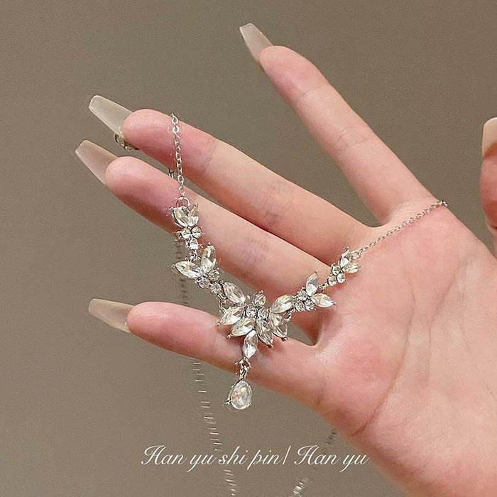 Wholesale silver rhinestone leaves flower necklace super fairy Flower Branch clavicle chain
