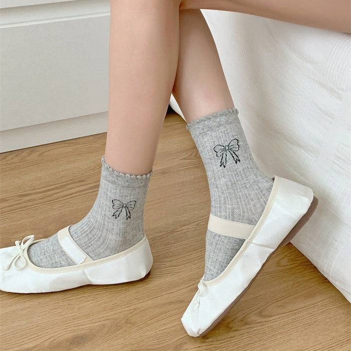 Wholesale Bow gray mid tube socks with mesh ultra-thin women's socks