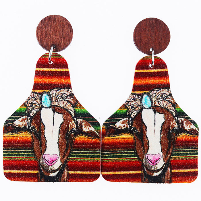 Wholesale Western Old Style Cow Sunflower Leopard Print Leather Bottle Shape Wooden Disc Splicing Earrings