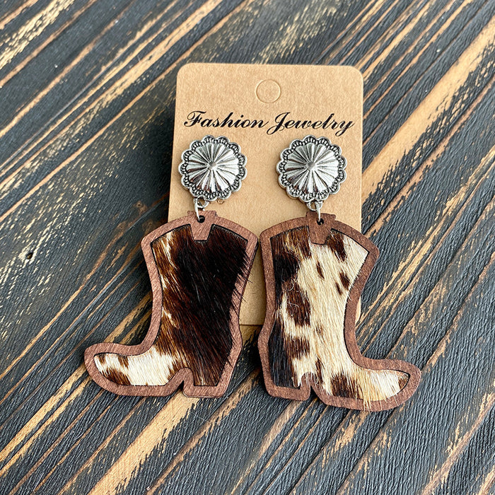 Wholesale Western Denim boots earrings classic leopard leather inlaid wood texture earrings