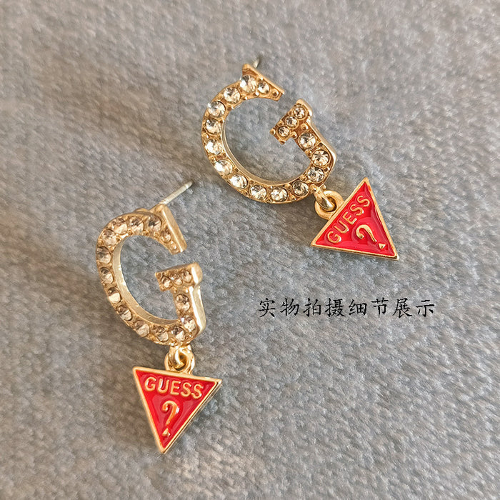 Wholesale Silver needle earrings with personalized gemstone inlay and inverted triangle pendant earrings