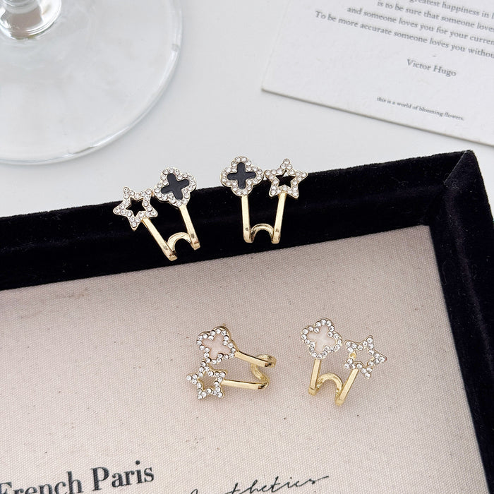 Wholesale Silver Needle Exquisite Four Leaf Petal Earrings with Water Diamond Pentagram Earrings, Fashionable and Personalized Small Earrings Wholesale