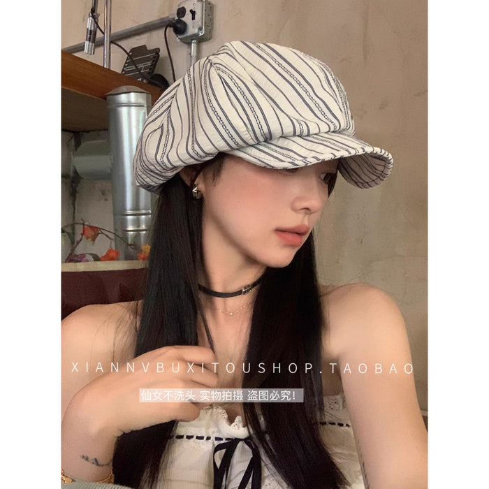 Wholesale Vintage striped thin octagonal beret with new wide brim
