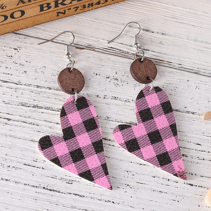 Wholesale  Valentine' s Day Plaid Love Pieces ing Pendant Earrings PU Leather Wooden ing Double-sided Earrings