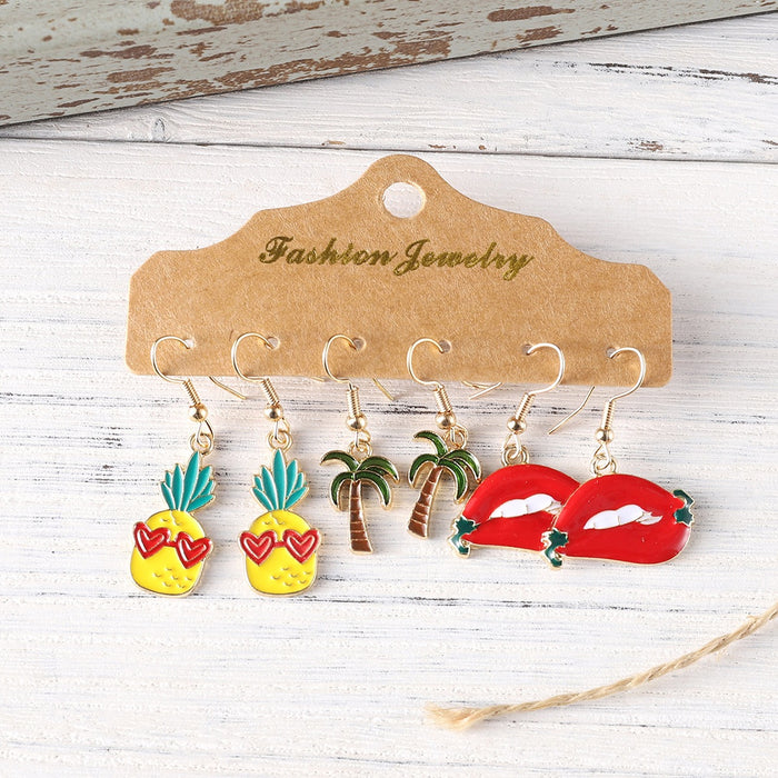 Wholesale Tropical Pineapple Palm Tree Red Lips Drop Oil Earring Set Fashion Accessory Party Gift