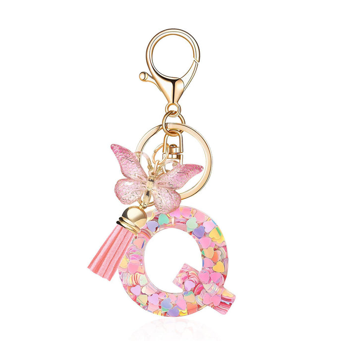 Wholesale Fashion pink letter key chain love sequins butterfly tassel key chain crystal  accessories