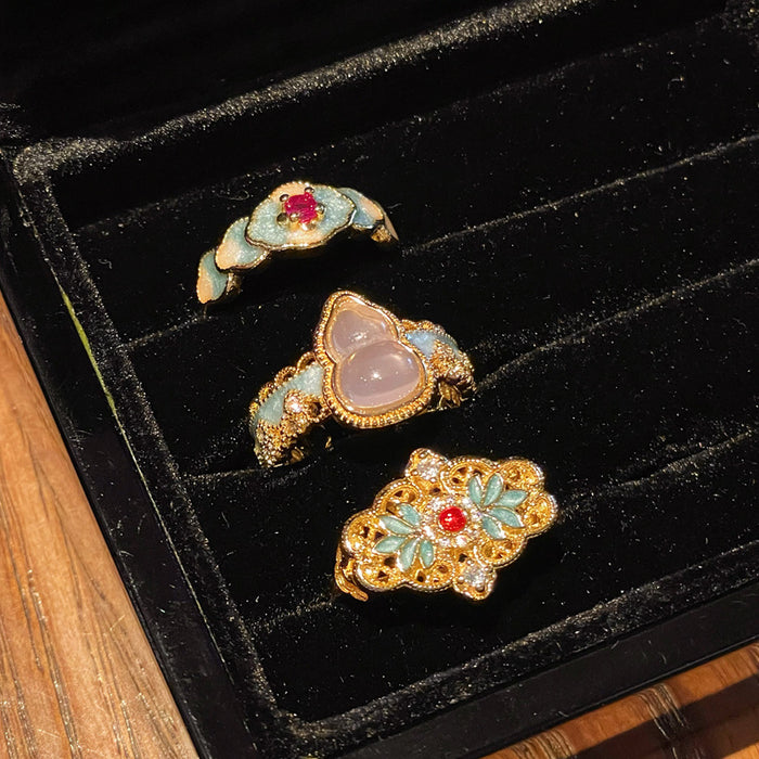 Wholesale Middle Ancient New Chinese Style Enamel Burned Blue Lace Gourd Open Ring