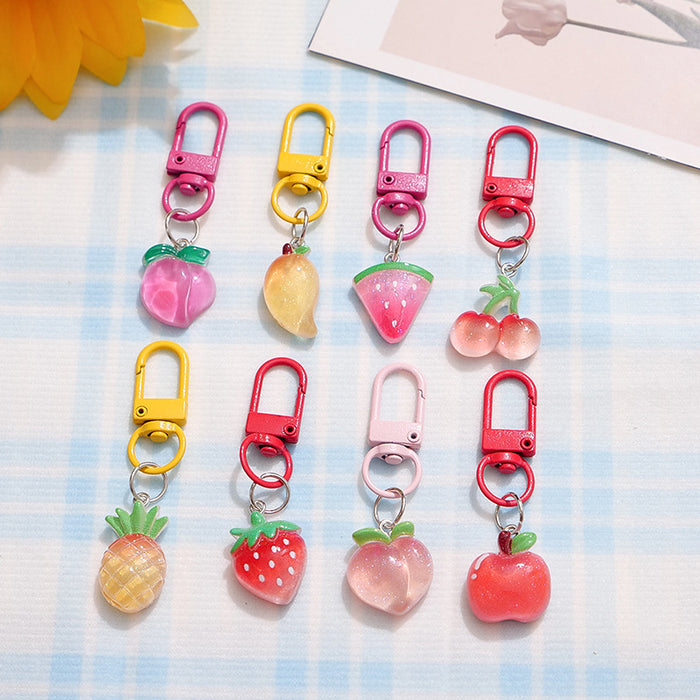 Wholesale Resin Fruit Keychain Trendy Pink Dragon Fruit Strawberry Key Ring Cute Backpack Pendant MOQ≥2