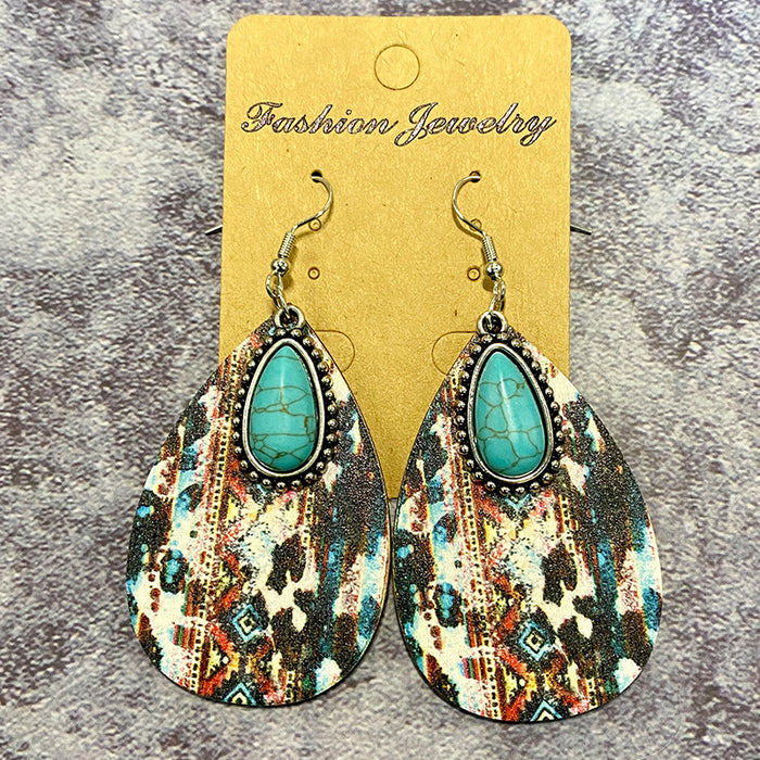 Wholesale Wooden earrings with vintage Aztec pattern water droplet earrings and classic patchwork earrings