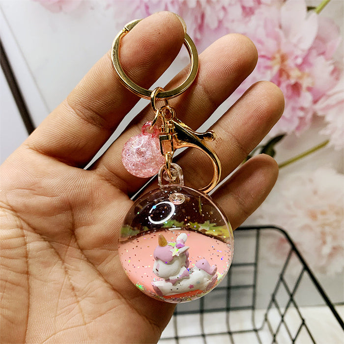 Wholesale Creative liquid oil key chain quicksand key chain crystal ball unicorn floating car cute bag small pendant