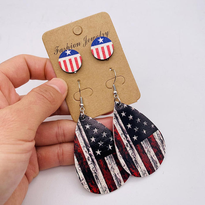 Wholesale New Independence Day Earrings Earring Set with American Flag Round Heart Five Pointed Star Sunflower Leather Earrings JDC-ES-YaChen002