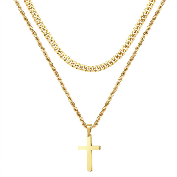 Wholesale Cross stainless steel necklace, personalized and versatile, double-layer stacked chain