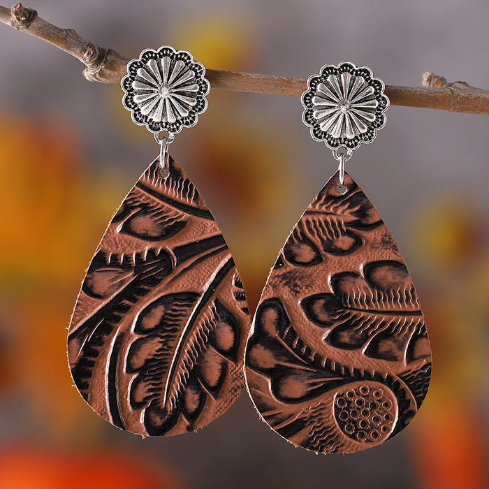 Wholesale Leather Earrings Bohemian Embossed Pattern Party Wear Boutique Resale