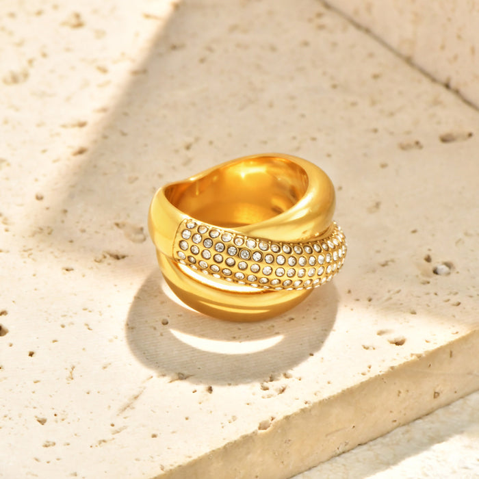 Wholesale  Geometric Cross-Inlaid Zircon Exaggerated Stainless Steel 18K Gold Ring