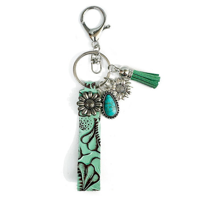 Wholesale Genuine Leather Western Cowboy Retro Keychain Turquoise Pendant Decorative