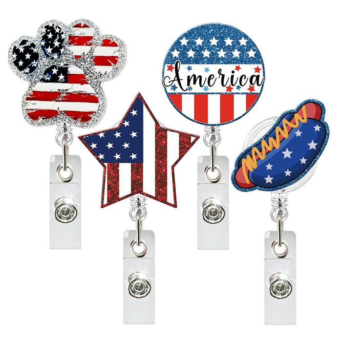 Wholesale Acrylic Independence Day Flag Sausage Footprints Retractable Badge Scroll Keychain JDC-KC-ZhuoJin001