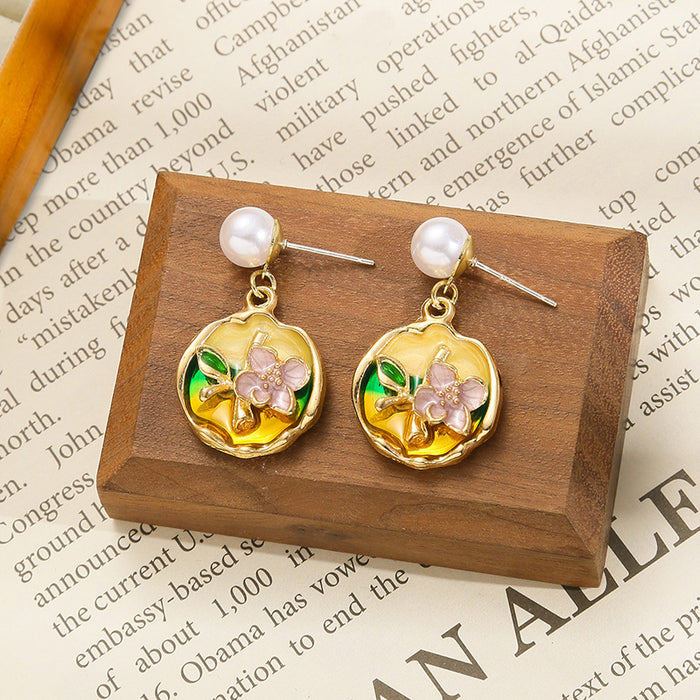 Wholesale Colored oil dripping flower earrings with a light luxury and high-end feel, fresh and fashionable temperament earrings