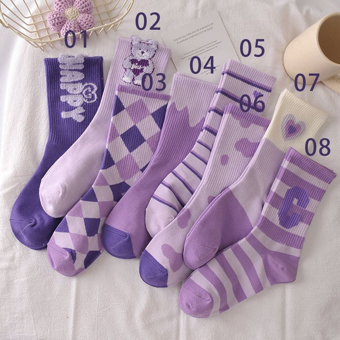 Wholesale Purple Socks Women's Cute Bear Mid-length Socks Ins Trendy Autumn and Winter Cartoon Students Stockings