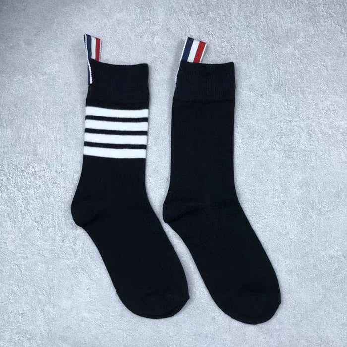 Wholesale Socks men's and women's mid length gray four bar striped pure cotton calf socks
