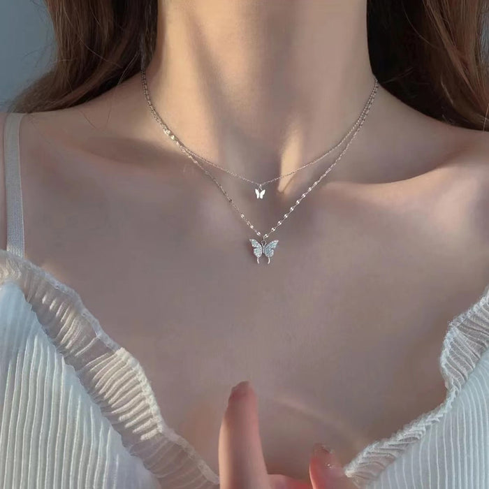 Wholesale Titanium steel necklace, double-layer butterfly pendant, light luxury, niche design, collarbone chain, versatile accessory