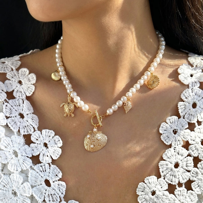 Wholesale Zinc Alloy Beaded Shell Pearl Necklace Ocean Style Layering Jewelry