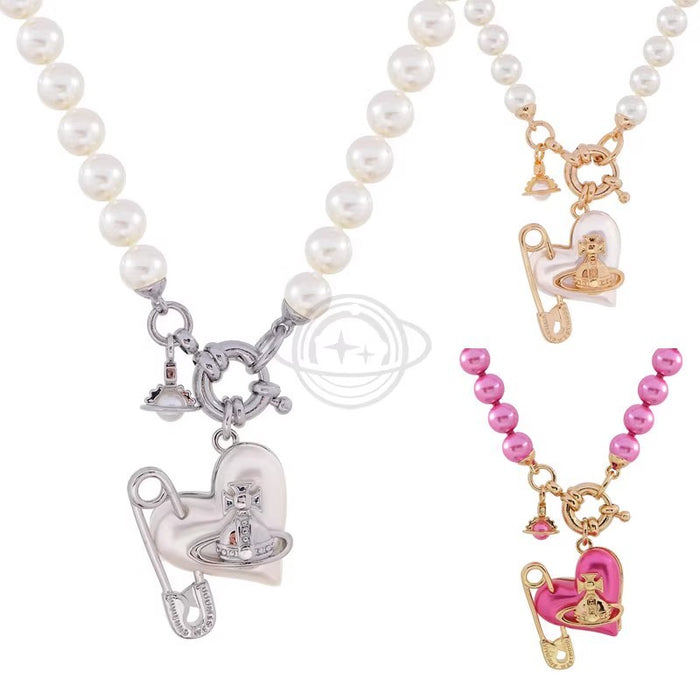 Wholesale Resin crooked heart-shaped pin, pearl necklace, light luxury temperament