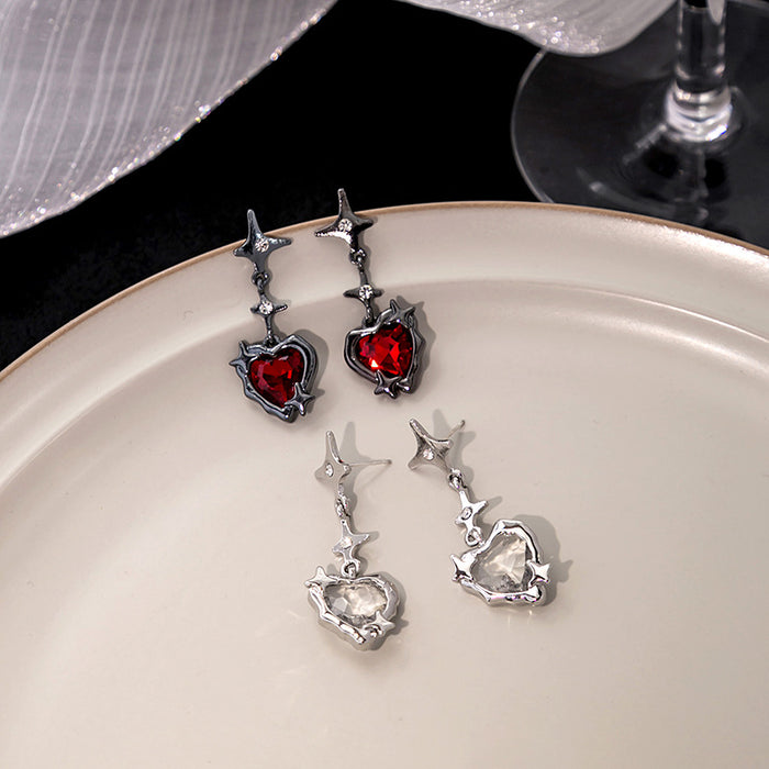 Wholesale Silver needle dark red stone love earrings heart earrings diamond earrings