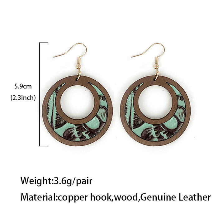 Wholesale Retro Western Genuine Leather Hollow Inlay Wood Drop Earrings