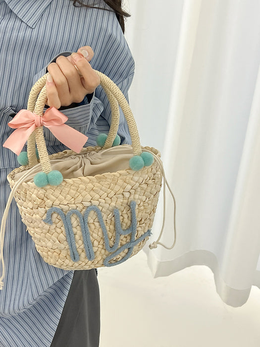 Wholesale Summer Style Summer Simple Girly Style Straw Handbag Candy Color Bow Woven Bag Ready for Beach Travel