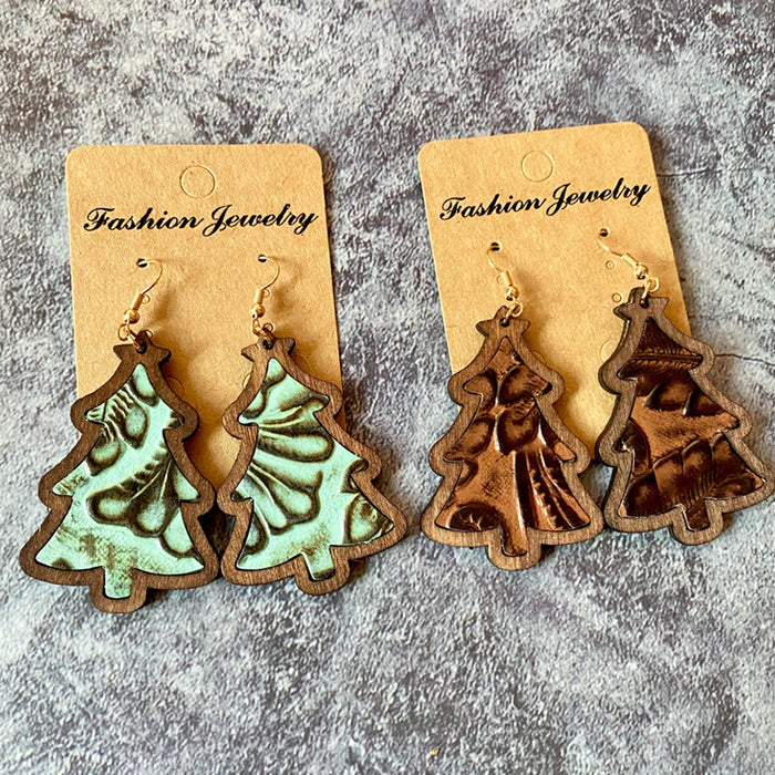 Wholesale Retro Leather Earrings Cowhide Embossed Wood Earrings