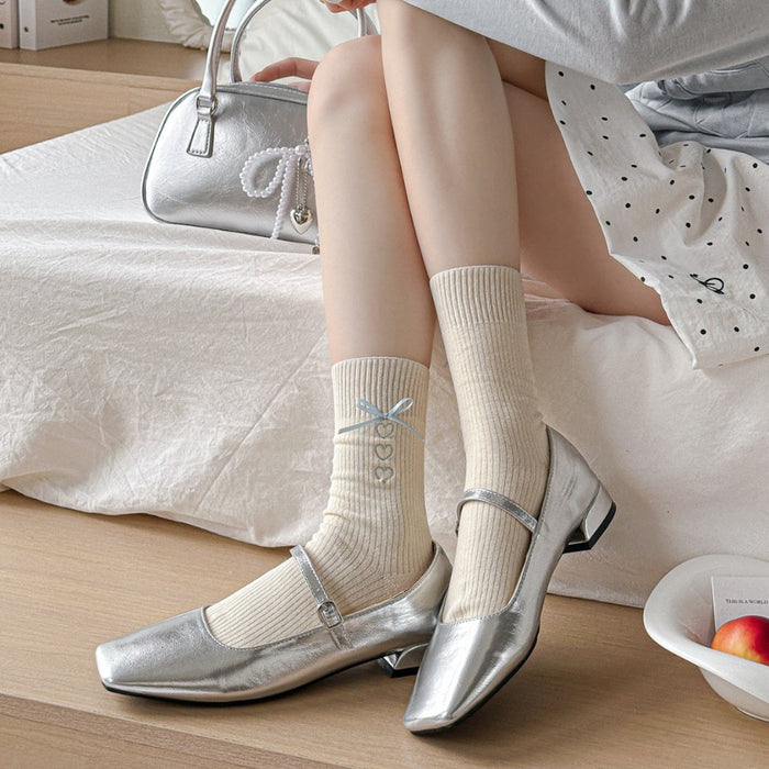 Wholesale Grey socks embroidered with heart, mid tube socks, blue ribbon, bow, stacked socks