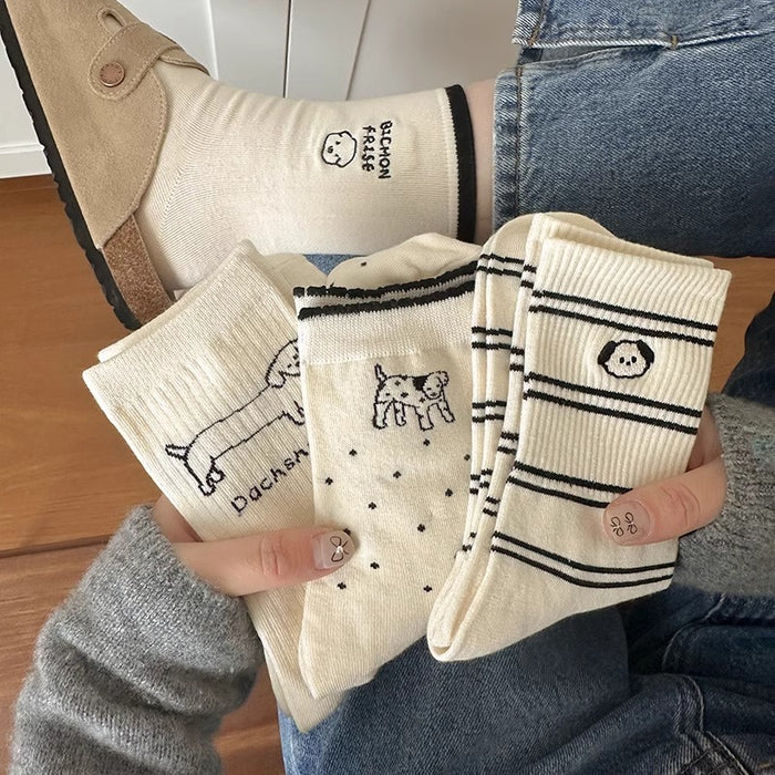 Wholesale Striped Cartoon Puppy Socks Women's Mid-length Socks Spring and Autumn Cute Pure Cotton Socks Stockings