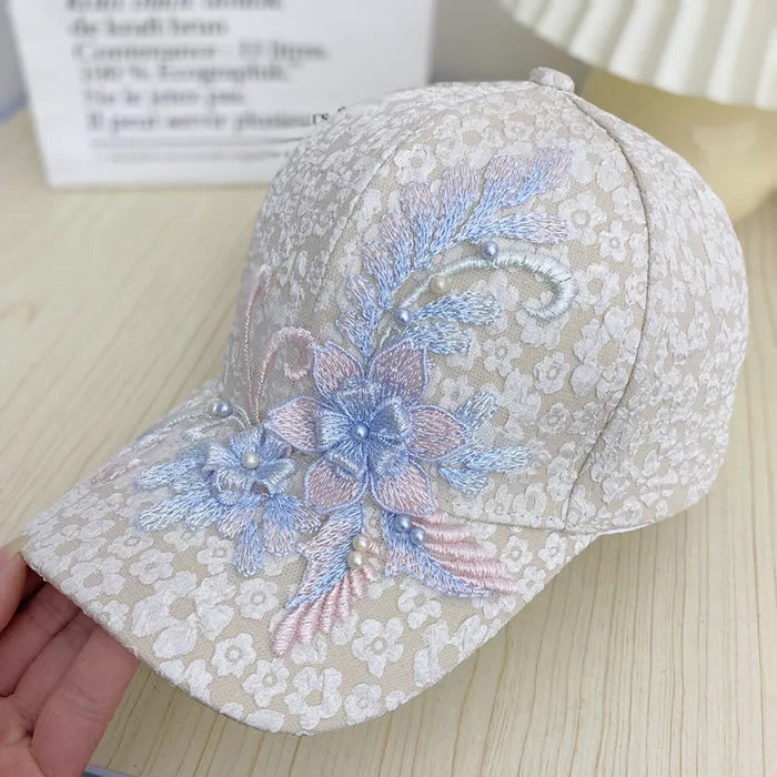 Wholesale Floral baseball cap, lace nail bead flower sunscreen hat, sunshade and breathable