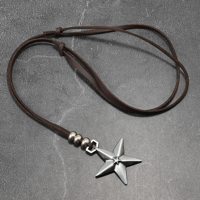 Wholesale Fashionable new necklace with five pointed star pendant, adjustable sweater chain, retro style, personalized leather necklace