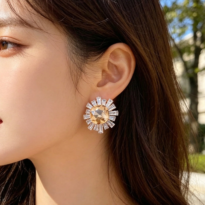 Wholesale Copper CZ Sunflower Earrings Geometric Design Party Jewelry Accessory