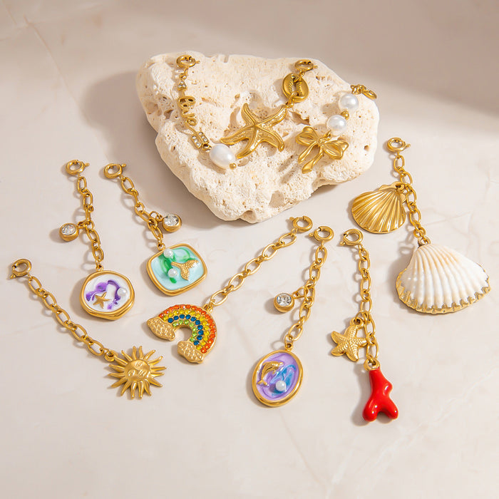 Wholesale Stainless steel bikini buckle ocean style shell rainbow oil drop pendant swimsuit pendant