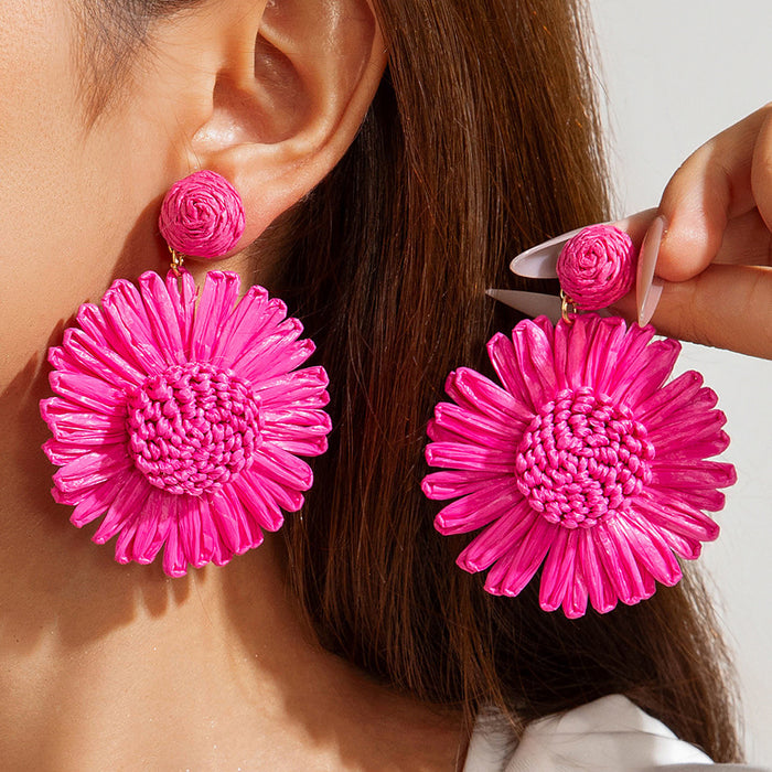 Wholesale Vacation Style Handmade Raffia Flower Earrings Red Jewelry Accessory MOQ≥5