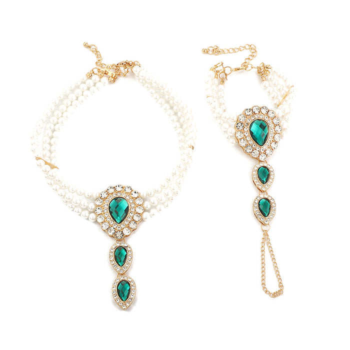 Wholesale Exaggerated design, pearl studded diamond water droplet bracelet, ring, one-piece bracelet, high-end necklace