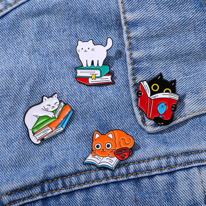 Wholesale Drop Oil Alloy Brooch Cartoon Cute Cat Book Animal Shape Clothes Schoolbag Decorations Badge