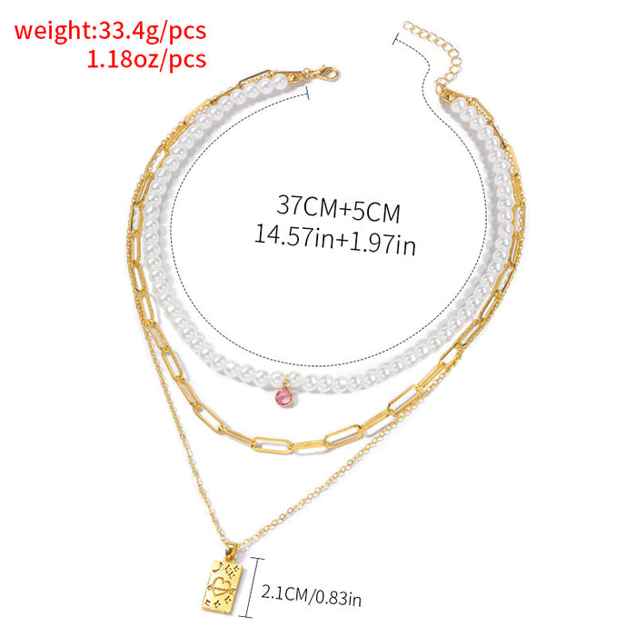 Wholesale Jewelry Pearl Multi layer Necklace Light Luxury Love Square Pendant