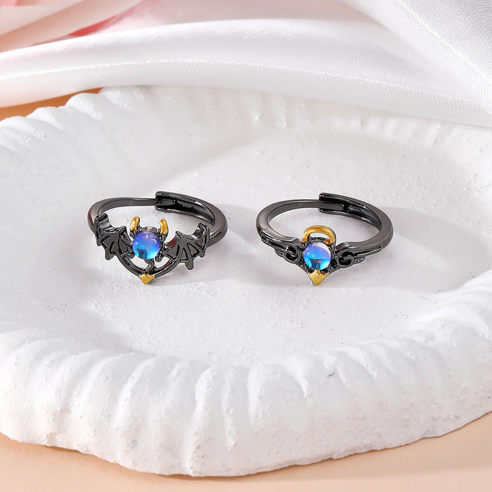 Wholesale Creative Angel and Devil Moonstone Ring Fashion Opening Adjustable Couple Ring for Men and Women