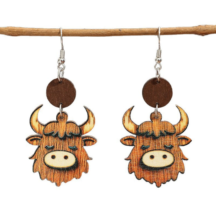 Wholesale Ox-Head Mountain Ox Personality Pendant Earrings — Double-Sided Wooden Jewelry