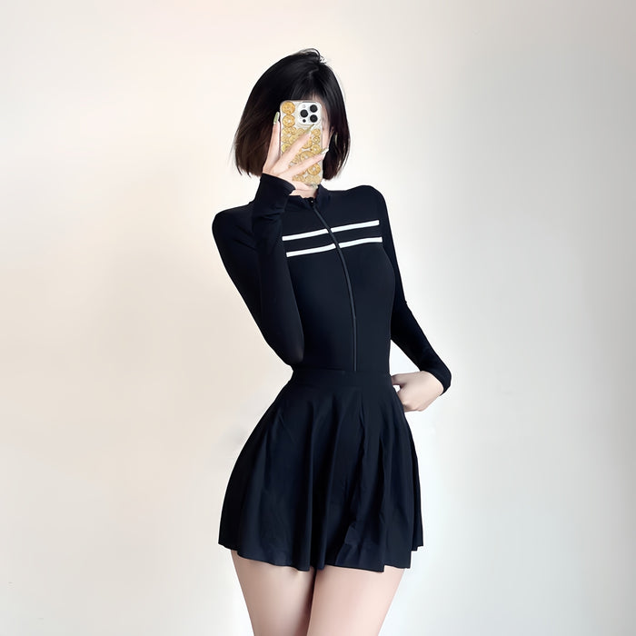 Wholesale One piece swimsuit slimming black long sleeved sunscreen short style sexy hot spring swimming suit