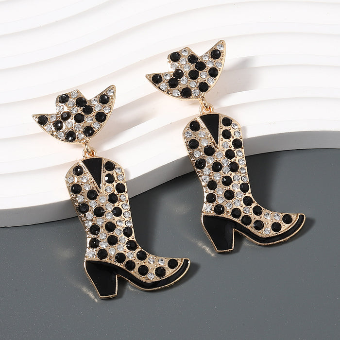 Wholesale Western denim style alloy with colored diamond earrings boots dripping oil
