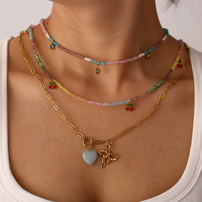 Wholesale Personalized stainless steel cherry necklace with bow pendant, natural stone heart necklace wholesale