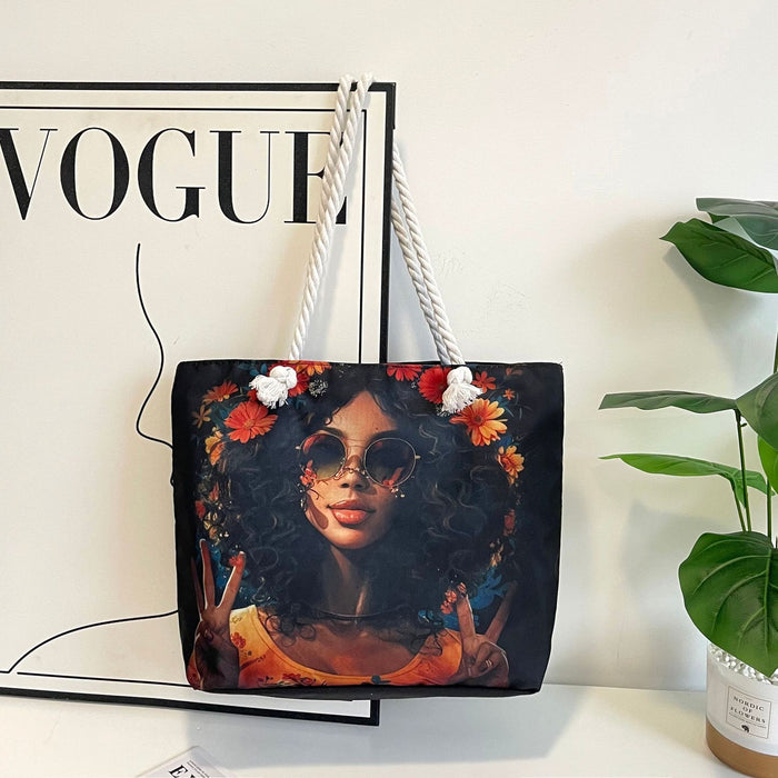 Wholesale Outdoor practical versatile retro canvas bag cartoon print portable beach bag large capacity