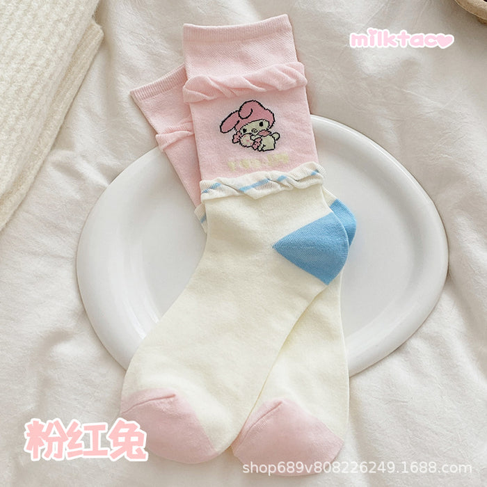 Wholesale Butterfly knot splicing plush socks with cartoon middle tube, cute for students