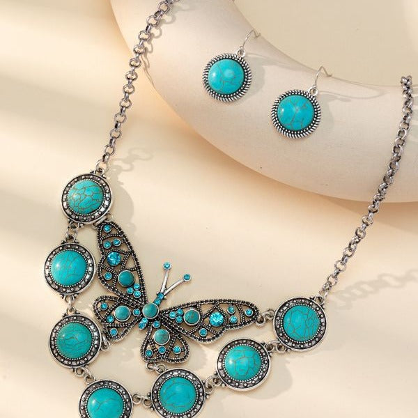 Wholesale Bohemian Turquoise Butterfly Necklace and Earring Set Metal Alloy Jewelry